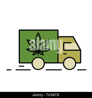La consegna di marijuana. Illustrazione di una consegna icona del carrello con una foglia di marijuana. Consumo di droga, uso di marijuana. La legalizzazione della marijuana. Vector illus Illustrazione Vettoriale