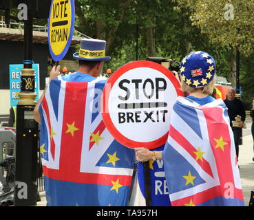 Anti-Brexit manifestanti visto azienda Unione europea bandiere e sulla targhetta al di fuori della sede del parlamento di Westminster a Londra alla vigilia delle elezioni del Parlamento europeo. Foto Stock