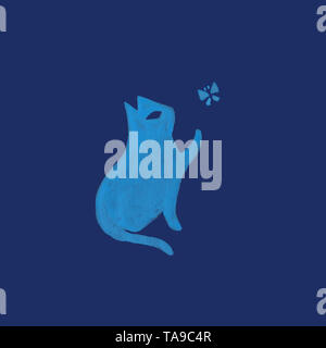Acquerello cat in nordic design stile pet blu giocando con farfalla disegnata a mano color pastello in stile rustico e moderno stile scandinavo llustration Foto Stock