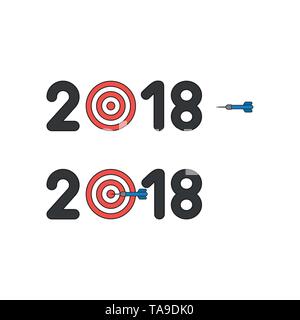 Icona vettore concetto di anno di 2018 con occhio di bue e dart nel centro. Contorni neri e colorati. Illustrazione Vettoriale