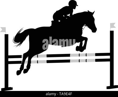 Show Jumping. cavallo con fantino saltando un ostacolo silhouette - vettore Illustrazione Vettoriale