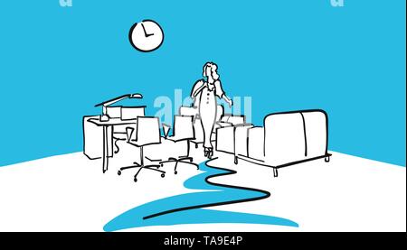 Ufficio disegno interno con la donna e lo sfondo blu. Disegnato a mano arte vettoriale per architettura e progetti di comunicazione. Illustrazione Vettoriale
