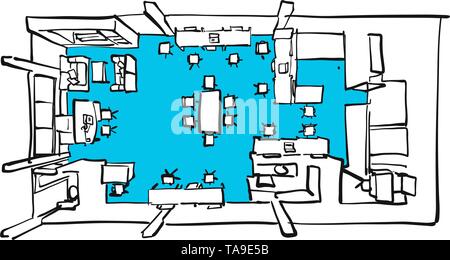 Ufficio interno vista superiore con pavimenti blu. Disegnato a mano arte vettoriale per architettura e progetti di comunicazione. Illustrazione Vettoriale