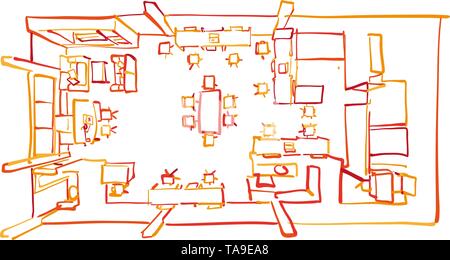 Ufficio colorati vista dall'alto. Disegnato a mano arte vettoriale per architettura e progetti di comunicazione. Illustrazione Vettoriale