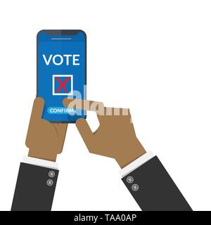 Voto concetto online. gente nera mano premere il pulsante di conferma per votare tramite mobile smart phone. Il voto elettronico, elezione sistema internet. Illustrazione Vettoriale