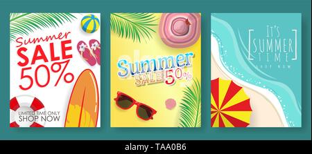 Set di 3 template banner per estate sconto promozione con accessori da spiaggia sfondo. vettore vendita estate sfondo per banner, poster, flyer Illustrazione Vettoriale