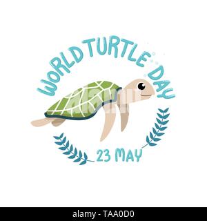 Mondo TURTLE GIORNO,23 maggio. Il logo con il cartoon di graziosi tartaruga con testo mondo turtle giorno, 23 maggio in cerchio Illustrazione Vettoriale