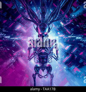 Intelligenza artificiale reaper / 3D illustrazione di fantascienza lo scheletro di android umanoide all'interno di computer futuristico core Foto Stock
