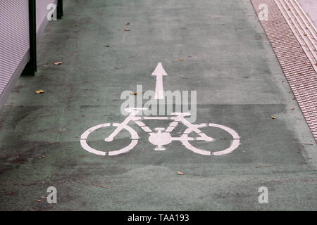 Pista ciclabile simbolo con una freccia di direzione sul terreno. Pista ciclabile cartello stradale sul ponte moderno per bici e ciclisti in città urbana. Travel, Tourism. Foto Stock