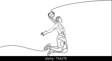 Continuo di un disegno della linea del giocatore di basket facendo slam dunk Illustrazione Vettoriale