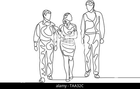 Linea continua imprenditrice con due assistans discutendo di lavoro Illustrazione Vettoriale
