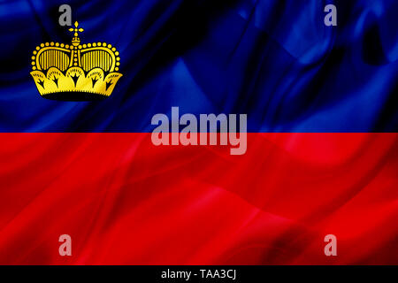 Il Liechtenstein paese simbolo di bandiera su seta o setoso sventolando la texture. Tessuto liscio o di materiale Foto Stock