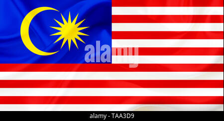 Malaysia paese simbolo di bandiera su seta o setoso sventolando la texture. Tessuto liscio o di materiale Foto Stock