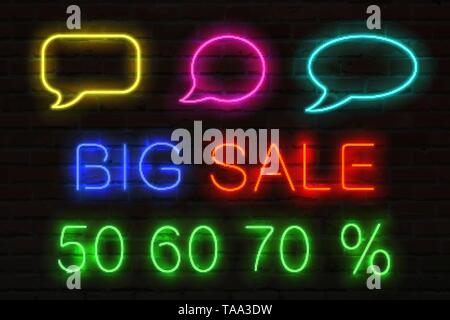 Set di insegne al neon con luminosa per le vendite. Fumetti, titolo grande vendita e 50, 60, 70 per cento vendita off. Illustrazione Vettoriale