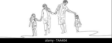 Linea continua famiglia felice camminare tenendo le mani Illustrazione Vettoriale