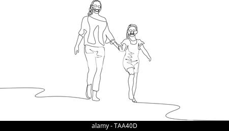 Continuo di una linea madre e figlia camminare tenendo le mani Illustrazione Vettoriale