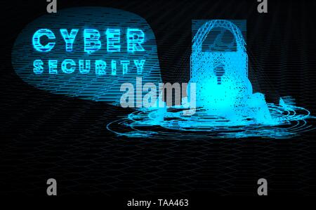 HUD ologramma blu lucchetto sullo sfondo a testa esagonale Illustrazione Vettoriale