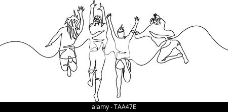 Continuo di una linea disegno gruppo amici di salto Illustrazione Vettoriale