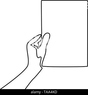 Rappresentazione in linea continua mano che tiene un fustellato A4 foglio di carta. Illustrazione Vettoriale