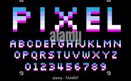 Pixel font. 8 bit di lettere e numeri. Illustrazione Vettoriale