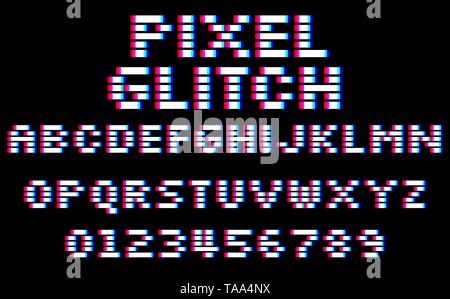 Glitch pixel font. Set di 8 bit di stile latino lettere e numeri Illustrazione Vettoriale