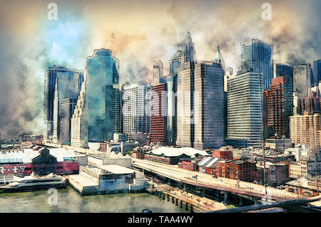 Migliorate digitalmente immagine di New York skyline della città come si vede dal ponte di Brooklyn Foto Stock