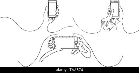 Linea continua serie di mano azienda smartphone. Gadget. Illustrazione Vettoriale. Illustrazione Vettoriale