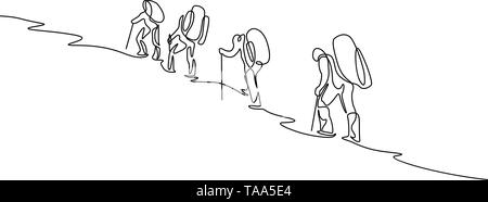 Continua il disegno di un gruppo di quattro viaggiatori escursioni in montagna Illustrazione Vettoriale