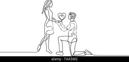 Continuo di una linea di un uomo fa una proposta di matrimonio con una donna Illustrazione Vettoriale