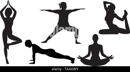 Le donne facendo esercizi yoga sagome illustrazione vettoriale su uno sfondo bianco isolato. Attività all'aperto di meditazione e di rilassamento. Vita attiva Illustrazione Vettoriale