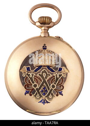 Il Kaiser Guglielmo II - un dono d'oro orologio da tasca, circa 1890 Eppner fratelli, Berlino, .585 oro. Pienamente funzionale e movimento con zirconi, precisione orologio. Smaltato bianco orologio con numeri arabi, separato di seconda mano e oro puntatori. Oro Rosso alloggiamento con affrancature multiple, il coperchio inverso con finemente smaltati iniziale 'W' sotto una corona imperiale, la superficie interna con affrancature "0,585" und "23143" nonché "F&H' e una corona. Diametro 50 mm. Peso 89,5 g. Nella sua pelle associati guarda caso con velluto- e Fodera in seta, Additional-Rights-Clearance-Info-Not-Available Foto Stock