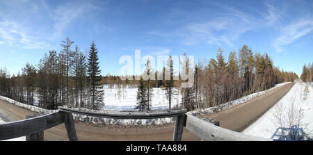 Vista da una seduta alta a Tallhedsvagen vicino Norsjo nel Vasterbotten, Svezia. Foto Stock