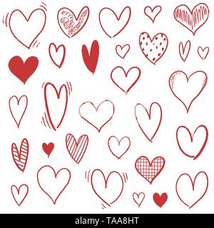 Disegnato a mano set di cuore - doodle vettore forme di cuore. Illustrazione Vettoriale