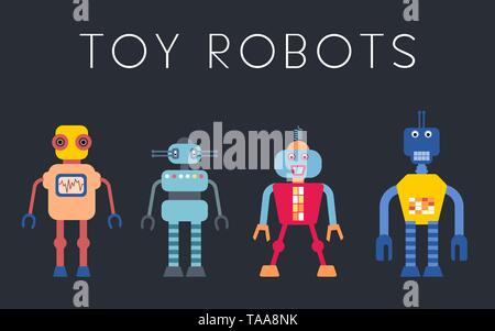 Robot vettore collezione - stile vintage robot giocattolo illustrazione set. Illustrazione Vettoriale