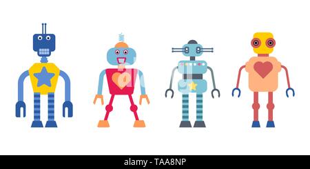 Vettori di Robot collection - simpatico robot con stelle e cuori dei simboli. Illustrazione Vettoriale