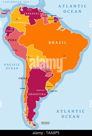 Sud America divisione politica mappa - illustrazione vettoriale. Illustrazione Vettoriale