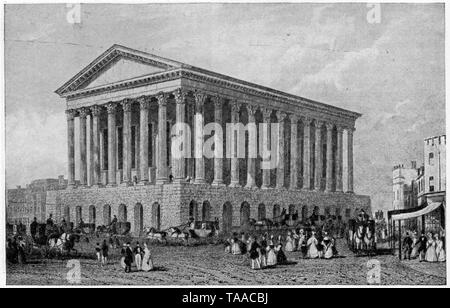 Birmingham Town Hall raffigurata nell'anno della sua apertura, 1834. Birmingham Town Hall è visto come la prima opera significativa del XIX secolo revival di architettura romana. Il design è basato sulle proporzioni del tempio di Castore e Polluce nel Foro Romano. La costruzione iniziò nel 1832 sotto gli architetti Giuseppe Hansom (1803-1882) e Edward Welch (1806-1868). Foto Stock