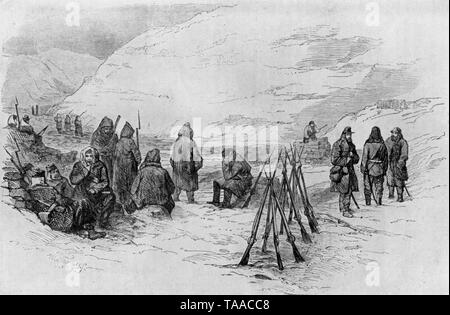 'Inverno in Crimea, 1855'. Di W Thomas. Un picchetto del Reggimento 90th nella neve, nel ravino medio, prima di Sebastopol. Da 'The Illustrated London News', 10th marzo 1855. La guerra di Crimea (1853-1856) fu un conflitto tra l'Impero russo e un'alleanza di imperi europei tra cui Francia, Gran Bretagna e Sardegna. La guerra faceva parte di una lunga competizione tra le maggiori potenze europee per l'influenza sui territori dell'impero ottomano in declino. Foto Stock