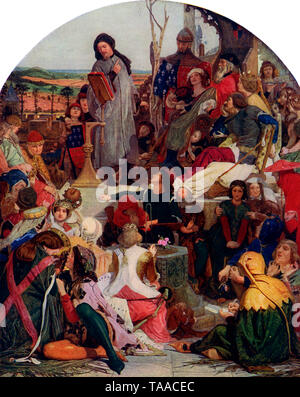 Chaucer presso la Corte di Edward III. Da Ford Madox Brown (1821-1893). Questa è stata la Ford Madox Brown più grande e più ambizioso e di pittura è stato esposto in 1851. Essa mostra Geoffrey Chaucer (c) 1343-1400 la lettura del suo 'Legenda di Custance'. Tra i presenti sono: Edward III, Edward, il Principe Nero, Alice Perrers e Giovanni di Gaunt. Foto Stock