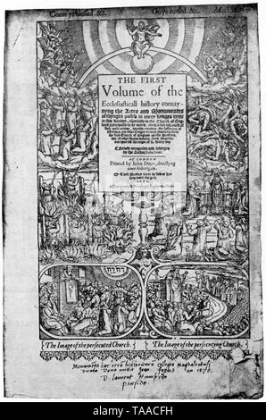 Pagina del titolo della seconda edizione folio di John Foxe 'Actes e monumenti' o il 'Libro dei martiri", 1570. Il 'Actes e Monumenti", conosciuto popolarmente come Foxe del " Libro dei martiri", è un lavoro di storia cristiana e il martirologio di John Foxe (c1516-1587). Pubblicato per la prima volta in lingua inglese nel 1563 da John Giorno (c1522-1584). Foto Stock