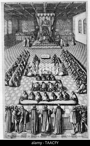 Regina Elisabetta (1533-1603) all'apertura del Parlamento. Da un'incisione in "Nobilitas politica et civilis" di Glover, 1608. Di Robert Glover (1544-1588). Da un'incisione in "Nobilitas politica et civilis" di Glover, 1608. Foto Stock