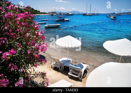 Bianchi ombrelloni e lettini vicino a laguna con barche sulla spiaggia di Bodrum, Turchia Foto Stock