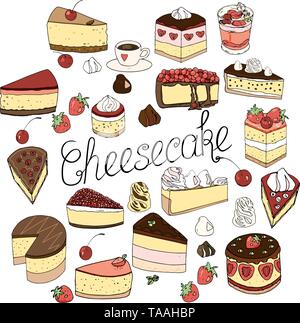 Un set di cheesecake è costituito da elementi di torte e pasticcini, isolato doodle set design decorazione e disegnati a mano nello stile di disegno naif. Illustrazione Vettoriale