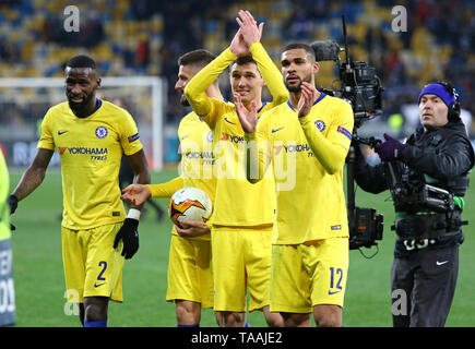 Kiev, Ucraina - 14 Marzo 2019: Chelsea giocatori ringraziare i propri tifosi dopo la UEFA Europa League FC Dynamo Kyiv v Chelsea a NSC Olimpiyskyi stadium Foto Stock