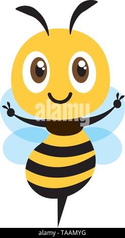 Design piatto Cartoon carino bee che mostra la vittoria segno a mano. Design piatto illustrazione vettoriale isolato Illustrazione Vettoriale