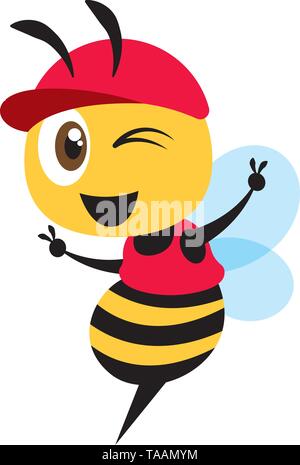 Design piatto cartoon bee indossa cappuccio rosso mostra la vittoria segno a mano, piatta illustrazione vettoriale mascotte Illustrazione Vettoriale