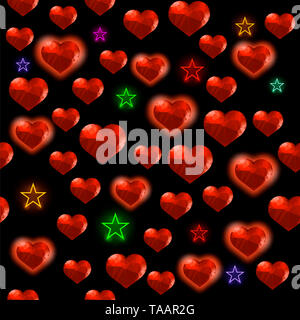 Rosso cuore poligonale con colorate stelle Random Seamless Pattern su sfondo nero Foto Stock