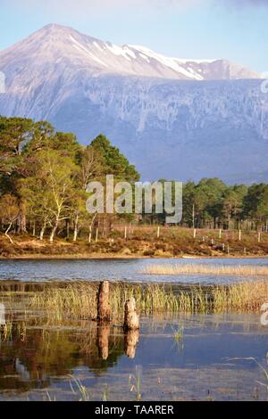 Vista del Beinn Eighe mountain range da Loch Coulin in West Highlands della Scozia Foto Stock