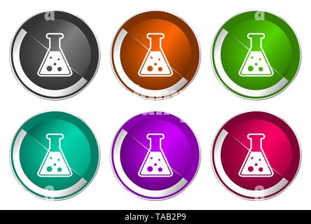 Scienza e pallone da laboratorio, set di argento metallizzato icone rotonde in sei colori opzioni isolati su sfondo bianco, design moderno illustrazione vettoriale Illustrazione Vettoriale