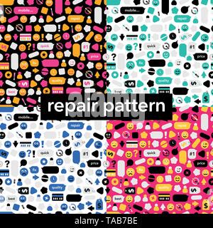 Set di pattern senza giunture dalle icone della tematica dei soggetti di riparazione. Concetto sfondo per il centro di riparazione di servizio con il testo. Illustrazione Vettoriale
